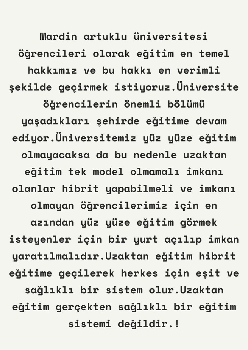 Mardin artuklu üniversitesi öğrencileri olarak eğitim en temel hakkımız!!
#mardinartukluünivertesi #artukluüniversitesi  #artukluyüzyüze  #artukluhibritsistem  #hibritsistem #yüzyüzeeğitim  #uzaktaneğitim
<a href="/ibrahimozcosar/">ibrahim özcoşar</a>  <a href="/YuksekogretimK/">Yükseköğretim Kurulu (YÖK)</a>  <a href="/mardinartuklu/">Mardin Artuklu Üniversitesi</a>