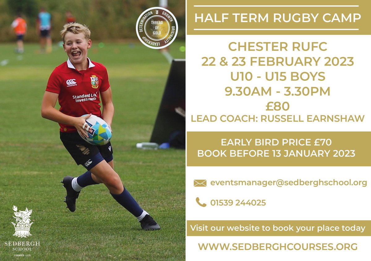 Calling all clubs in <a href="/CheshireRugby/">CheshireRugbyDev</a> we are closing bookings on Monday for our half term boys and girls rugby camp with <a href="/russellearnshaw/">RussellEarnshaw</a> at <a href="/RUFCChester/">Chester Rugby</a> great numbers so far and we are looking forward to #InspiringYoungMinds