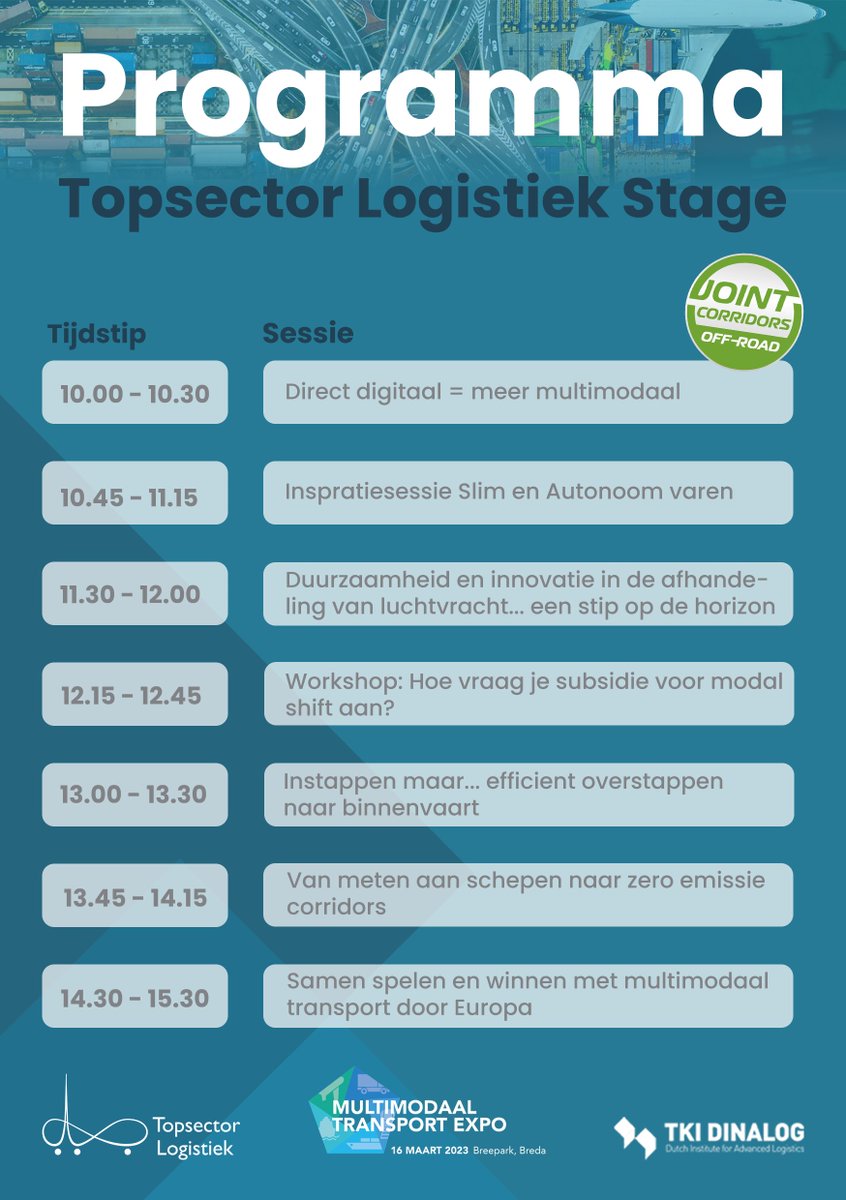 Programma bekend Topsector Logistiek Stage tijdens Multimodaal Transport Expo 2023! Tijdens de dit event presenteren we een geheel eigen programma. Aanmelden kan nu! ow.ly/xcoR50MTYp5 #innovatie #logistiek