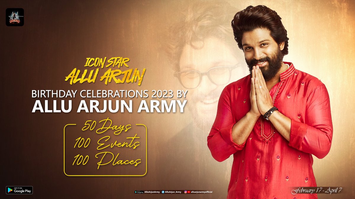 AlluArjun_Army's tweet photo. Let the Celebrations begin.!

50 Days - 100 Events - 100 Places

Follow this thread for our Icon Star @alluarjun Birthday Celebrations 2023 by Allu Arjun Army.

#AlluArjunBdayFest2023  
#AlluArjunArmy https://t.co/YJx5gKAHK1