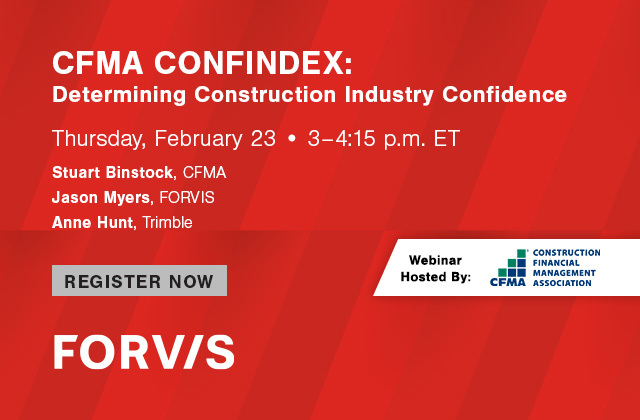 .<a href="/FORVIS/">FORVIS</a>’ Construction &amp; Real Estate Practice Leader Jason Myers joins this webinar from CFMA to discuss results from the 2022 CONFIDEX survey. Sign up here: bit.ly/3EeYPqy