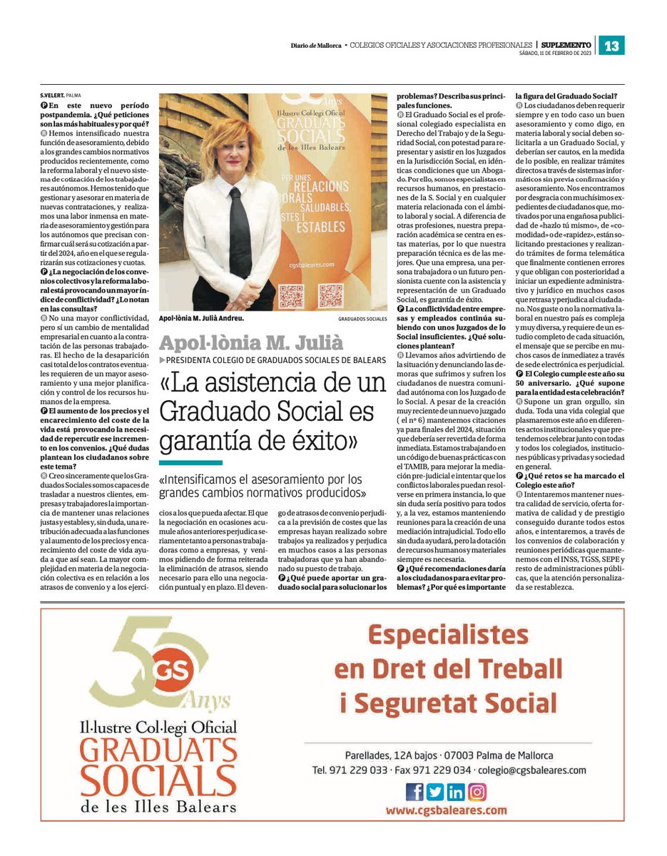 cgsbaleares's tweet photo. 🗨️«Que una empresa, una persona trabajadora o un futuro pensionista cuente con la asistencia y representación de un Graduado Social, es garantía de éxito». 

Gracias, @diariomallorca por esta fantástica entrevista a nuestra Presidenta, @Pola79405555. https://t.co/Y5xSsPyxvy