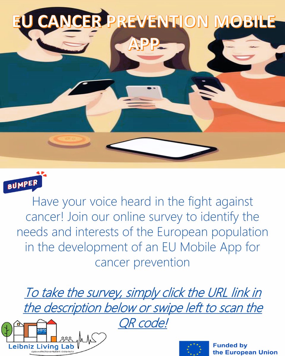 LabLeibniz's tweet photo. Join the fight against cancer and help shape the future of cancer prevention in Europe! Take part in the survey conducted by the European Cancer League and BUMPER consortium to develop an EU Mobile App #BeatingCancerPlan #CancerPrevention
 @CancerLeagues @BIPS_Bremen @LSCDiPH https://t.co/3e4SikCYXE