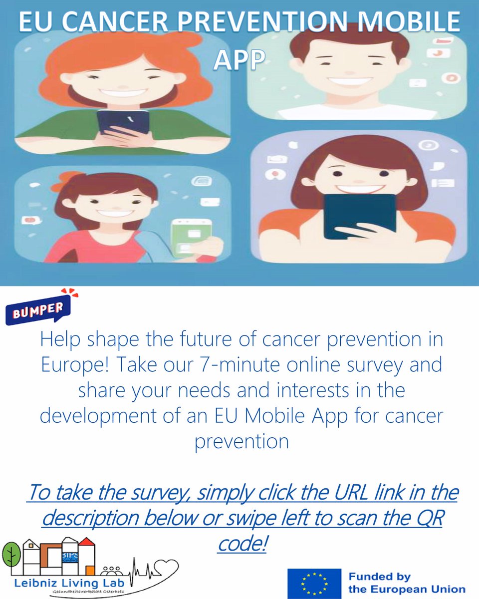 LabLeibniz's tweet photo. Join the fight against cancer and help shape the future of cancer prevention in Europe! Take part in the survey conducted by the European Cancer League and BUMPER consortium to develop an EU Mobile App #BeatingCancerPlan #CancerPrevention
 @CancerLeagues @BIPS_Bremen @LSCDiPH https://t.co/3e4SikCYXE