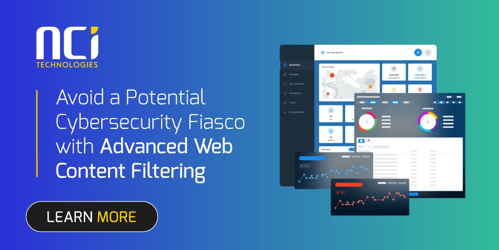 NCITechnologies's tweet photo. Is your team safely browsing the internet both in and out of the office? Find out how you can manage web access and protect your systems from #CyberThreats with secure #WebContentFiltering >> https://t.co/YIkz0BsKNR #BeCyberSafe https://t.co/MGIoU7gUJZ