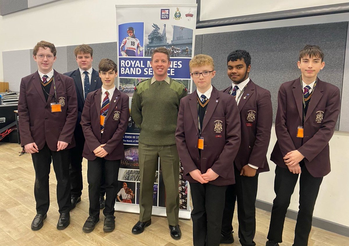 Lovely to see ON Chris Beal return to Newport yesterday with the Royal Marines Band Lympstone @RMBandService to provide workshops for music students. Thanks to @BurtonBorough for hosting the event. #StayingInTouch #ClassOf2010 #MoreThanMusic