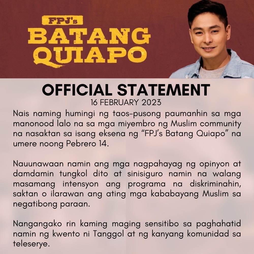 ABSCBN's tweet photo. READ: Official statement on "FPJ's Batang Quiapo" #FPJsBatangQuiapo https://t.co/RyHwBpn0Io
