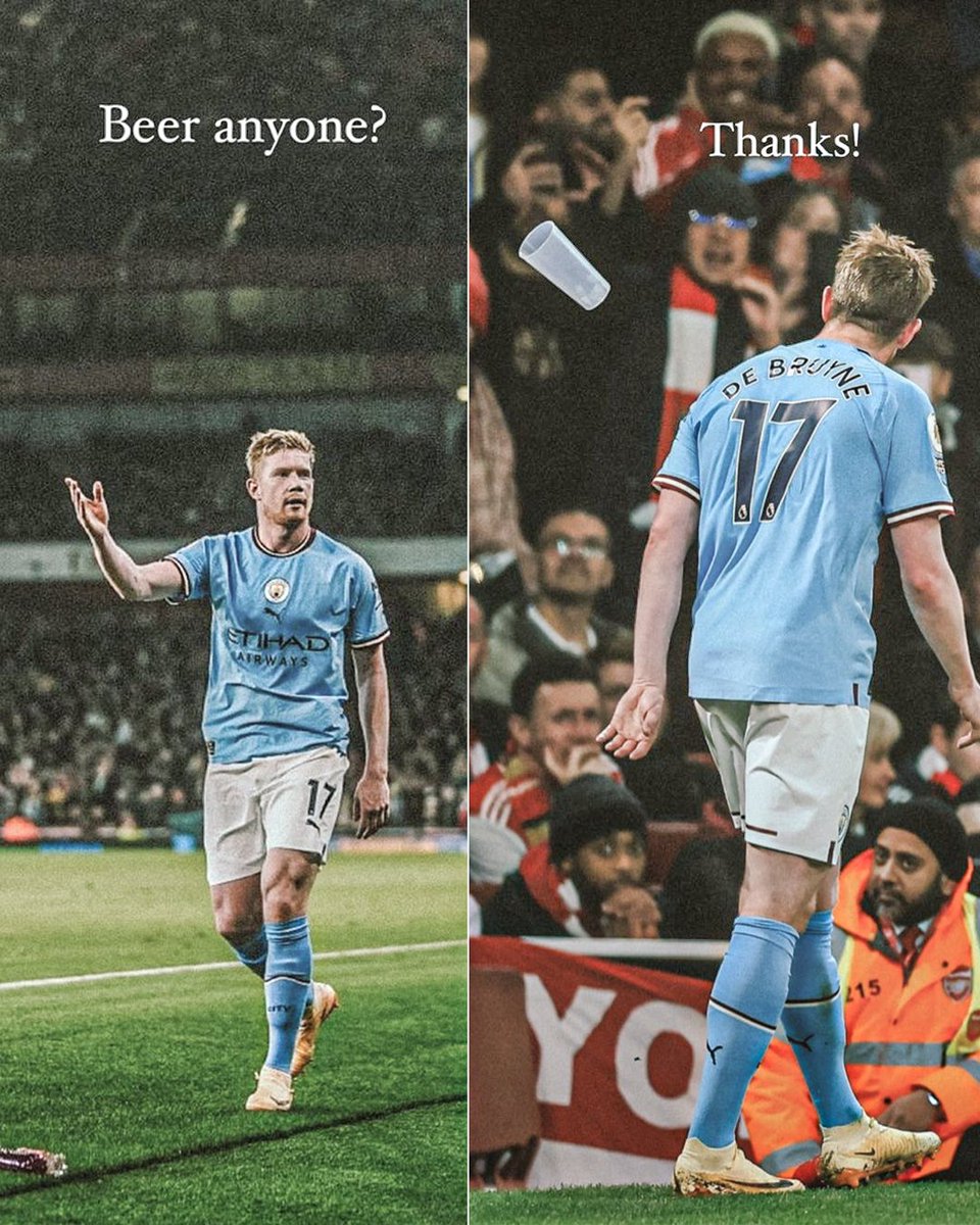 StevenMcinerney's tweet photo. KDB rocked up at the Emirates against the league leaders, scored a world class goal and grabbed an assist to put City top of the table, all while putting Arteta in his place and casually avoided bottles thrown at him as he smiled his way off the pitch. The absolute fucking man. https://t.co/ah1YToPBAE