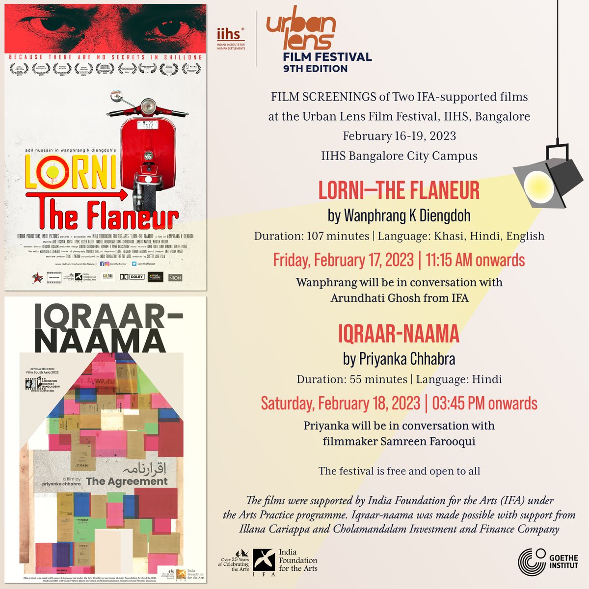 IndiaIFA's tweet photo. #LorniTheFlaneur by #WanphrangDiengdoh
107 mins, Khasi, Hindi, English
Fri, Feb 17, 11:15am at the IIHS Bangalore City Campus
Wanphrang will be in conversation with IFA Executive Director #ArundhatiGhosh
https://t.co/7a04JP9Vwo
Film supported under IFA's #ArtsPractice prog.
2/3 https://t.co/NilliWhzQH
