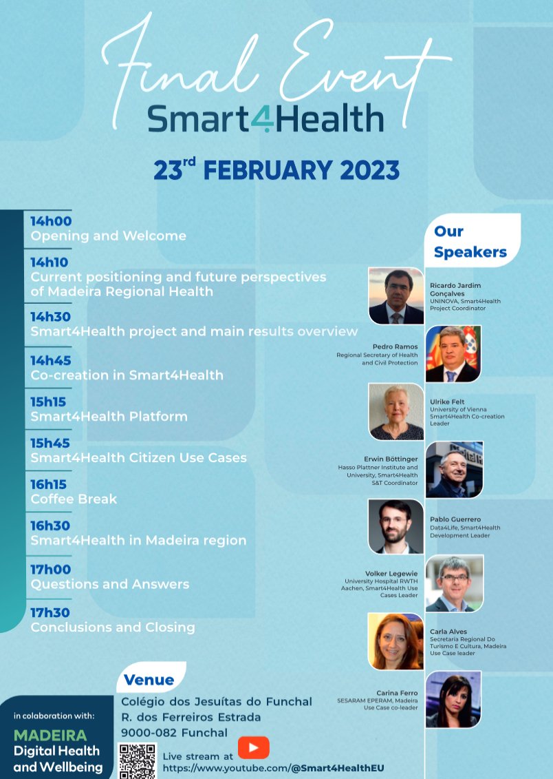 We are happy to invite you to the final #Smart4Health event where you will have the opportunity to listen our leaders presenting the results achieved. Join us at Colegio dos Jesuitas, Funchal, Madeira or follow us on YouTube for the live stream at youtube.com/@Smart4HealthEU