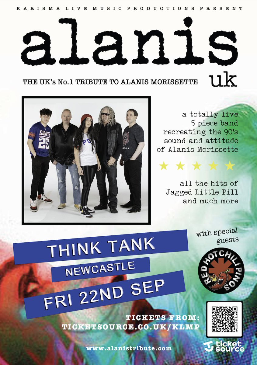 🚨 ON SALE NOW! 🚨 
This September Alanis UK - the UK’s no.1 tribute to Alanis Morissette are coming to Think Tank. 

Tickets here- bit.ly/3HUjkJX