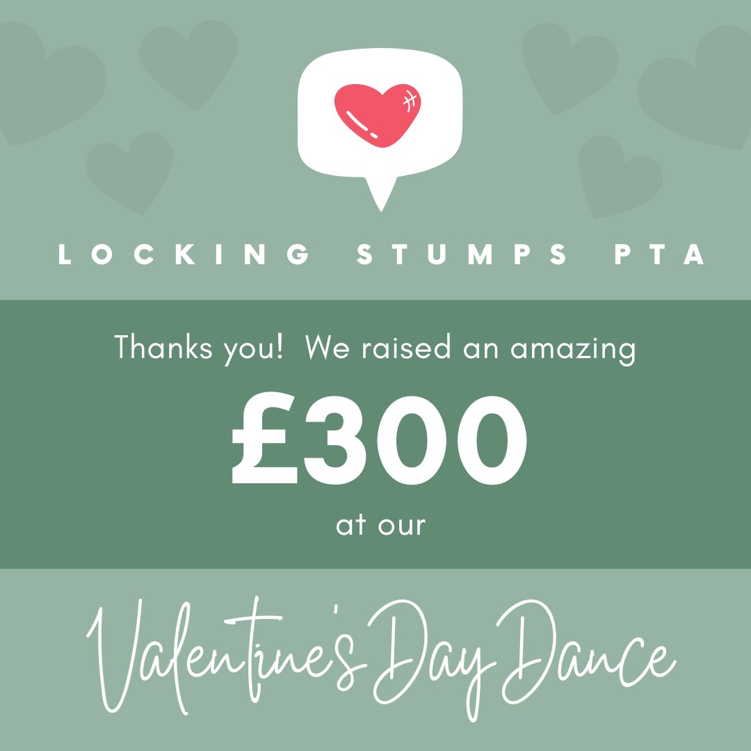 Locking Stumps PTA (@lockiespta) on Twitter photo We made an amazing £300 profit from the <a href="/LockiesPTA/">Locking Stumps PTA</a> Valentines Disco!
This will go towards purchasing new playground equipment for the pupils of <a href="/LockiesCPS/">Locking Stumps CPS</a> to enjoy!
On behalf of the PTA, thank you all for your ongoing support. We made an amazing £300 profit from the <a href="/LockiesPTA/">Locking Stumps PTA</a> Valentines Disco!
This will go towards purchasing new playground equipment for the pupils of <a href="/LockiesCPS/">Locking Stumps CPS</a> to enjoy!
On behalf of the PTA, thank you all for your ongoing support.