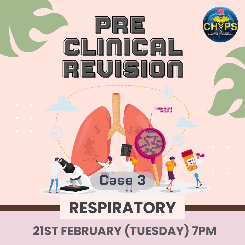 chips_cardiff's tweet photo. PRE CLINICAL REVISION: Case 3 Respiratory

📆 21st February 2023 (Tuesday)
🕕 7PM (BST)
🔗 https://t.co/aLDNaNSjFh

Join our Pre Clinical Revision about Respiratory on Tuesday 🤩 https://t.co/L6yquOd2kh