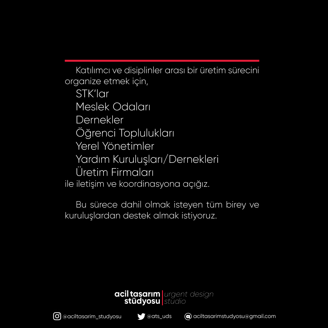 ats_uds's tweet photo. (1/2) Destek için,
Katılımcı ve disiplinler arası bir üretim sürecini organize etmek için,
-STK’lar
-Meslek Odaları
-Dernekler
-Öğrenci Toplulukları
-Yerel Yönetimler
-Yardım Kuruluşları/Dernekleri
-Üretim Firmaları
ile iletişim ve koordinasyona açığız. https://t.co/7wFXO7HCQl