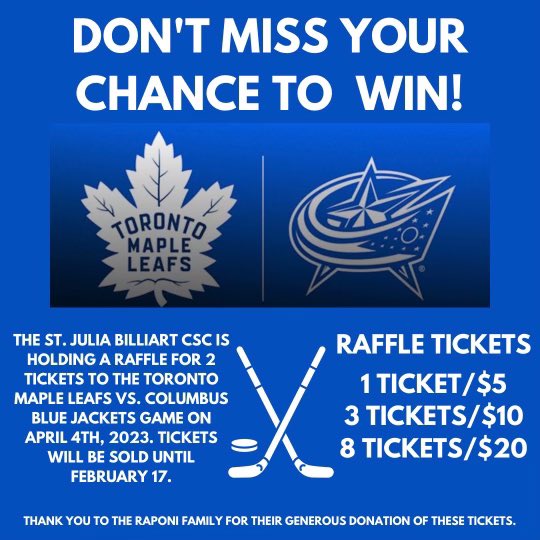 stjuliabilliart's tweet image. Don’t forget to buy your raffle tickets for the chance to see a Toronto Maple Leafs game! Tomorrow is the last day to purchase! Good luck!
