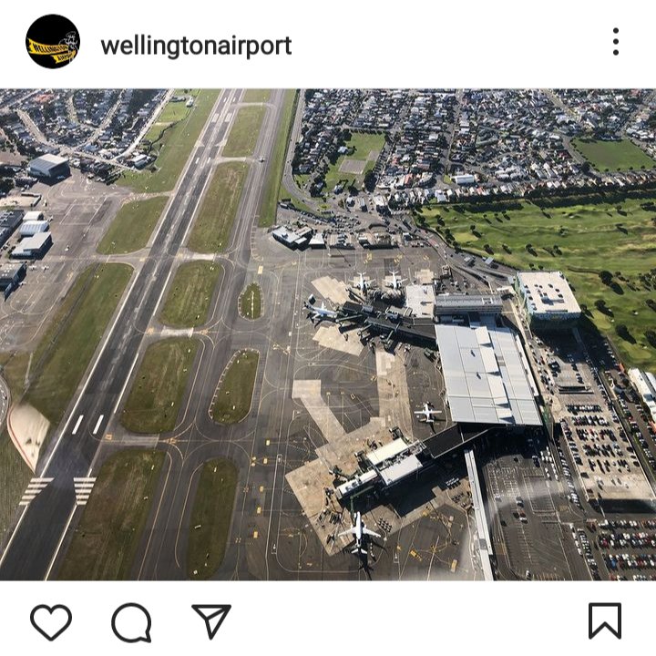 Wellington airport Instagram account. Image of the airport from birds eye view. No caption