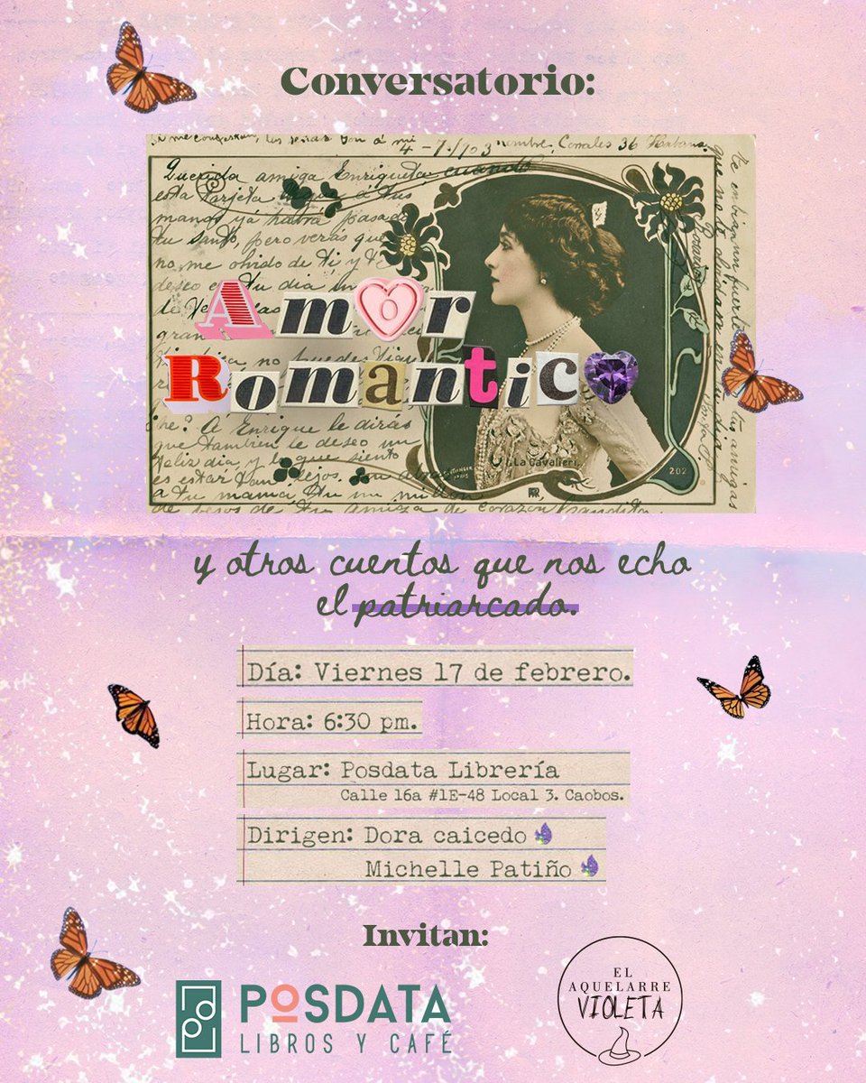 🧙🏼‍♀️ Qué bueno anunciarles 📣💜 tendremos¡¡¡NUEVO CONVERSATORIO PRESENCIAL!!! ⁣#Cúcuta
.
⁣Estaremos en las CONVERSACIONES VIOLETAS 💜 de <a href="/posdatalibreria/">Posdata Libros y Café</a> MITOS DEL AMOR ROMÁNTICO 🧚🏽✨
.
Un espacio para cuestionarnos de todos esos cuentos que nos ha echado el patriarcado 🤔😒…