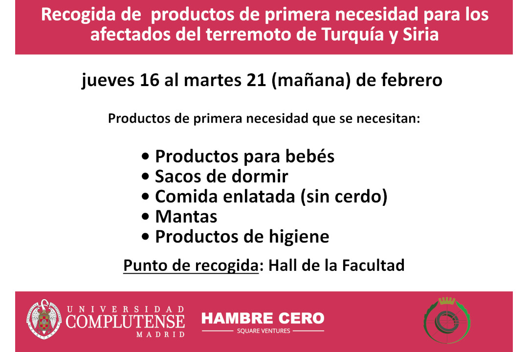 informaticaucm's tweet image. Nos sumamos a la iniciativa de @VeterinariaUCM, habilitando en el Hall de la Facultad un espacio para recoger donaciones para afectados por el terremoto de Turquía y Siria.
Desde hoy mismo hasta el martes 21 por la mañana.
Muchas gracias por vuestra colaboración 😃