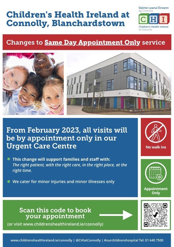 All visits to CHI at Connolly, Blanchardstown for the urgent care centre will be by same-day appointment only, from the 22nd of February.

Find out more 👇 or read here➡️rb.gy/pa47dw

#ourchildrenshospital