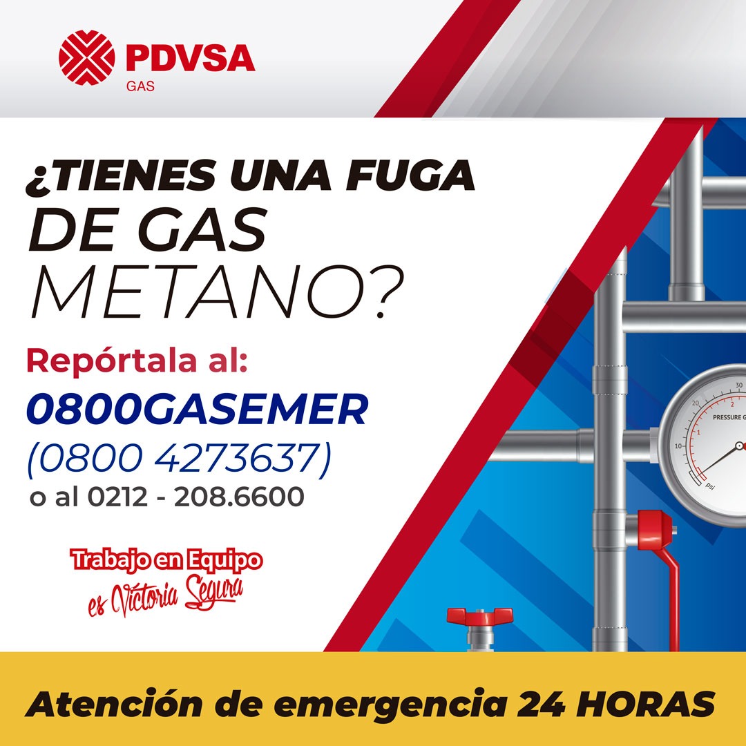 🇻🇪♨️ ¡Buenos días! El gas que suministra PDVSA Gas por tubería a nuestros hogares, se denomina "Gas Metano".

Si sospechas de fuga o percibes olor a gas en tu domicilio, reporta a través de la línea telefónica gratuita.

Atención de emergencia 24 HORAS.