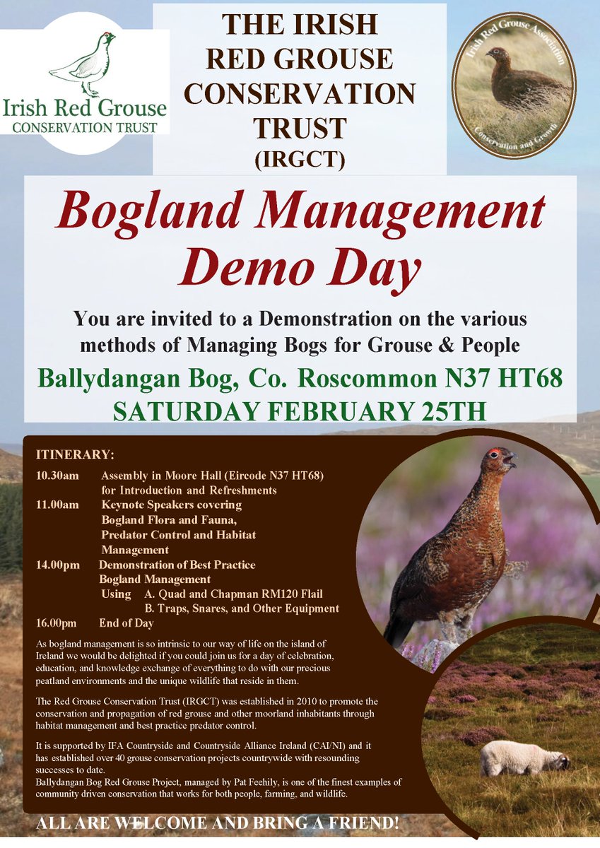 BallydanganBog's tweet photo. Seminar and demonstration on Bogland Management will take place on Saturday February 24th at Ballydangan Bog. Opening by Minister @noonan_malcolm. Places limited. Book before Monday February 20th by contacting jfmleech@gmail.com https://t.co/JVXF1L2u5R