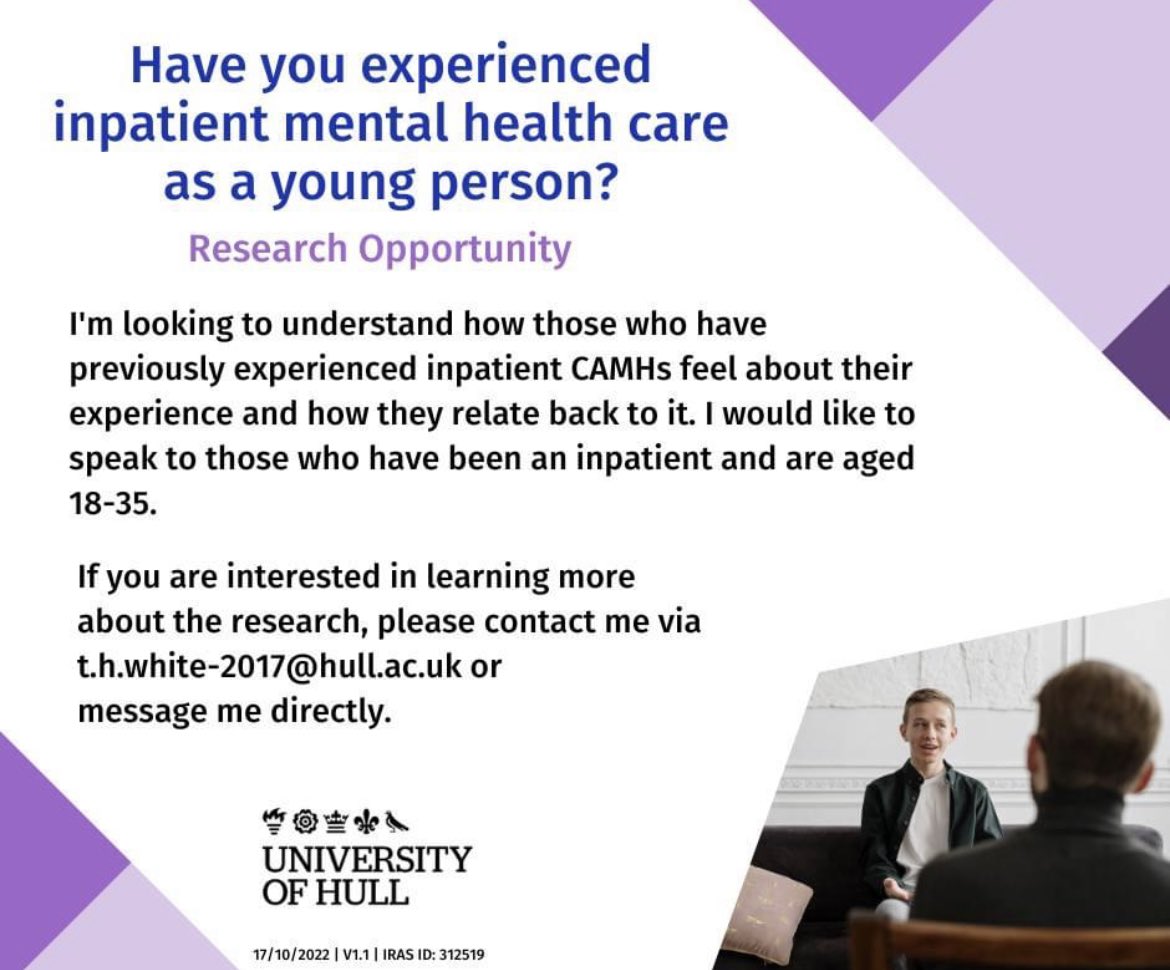 A colleague is researching the lived experiences of people supported through CAMHS inpatient mental health care. If you (or others) would like to take part, please make contact on the details attached. Please feel free to share.