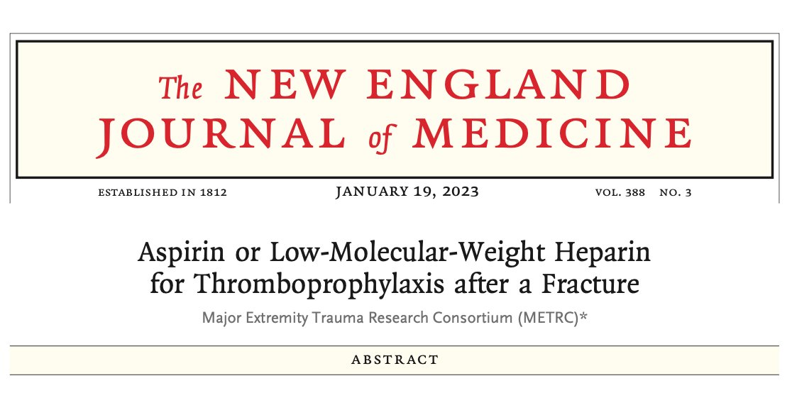 1/In this large open-label trial, aspirin was noninferior to LMWH as thromboprophylaxis after major fractures. Welcome to our weekly #OMTweetorial. #MedTwitter #MedEd #EBM #JournalClub #Orthopedics #HospitalMedicine