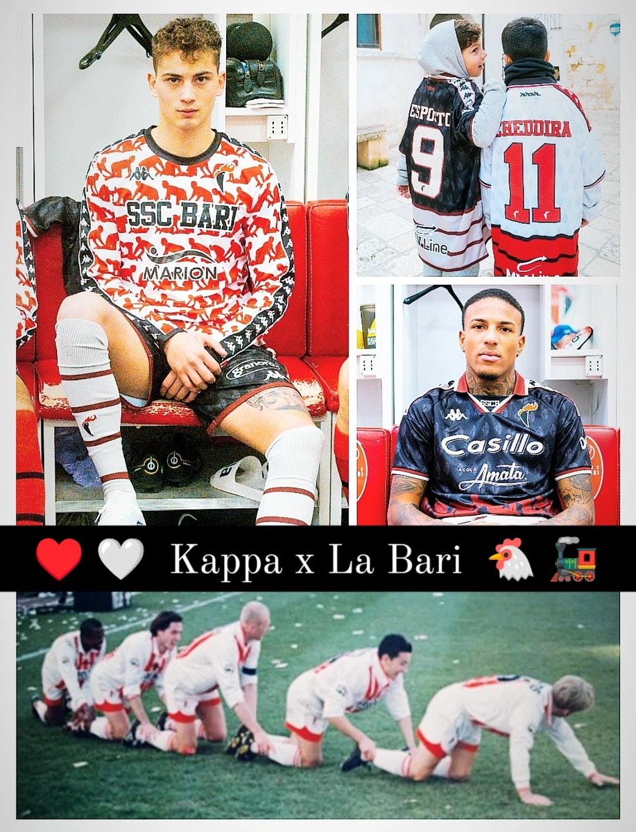 ❤️🤍
🐓🚂

Lo último de Kappa x La Bari toca muchas de mis teclas favoritas: patrón que replica el escudo al infinito, niños con camisetas demasiado grandes de sus ídolos, inesperado guiño retro y la mitológica celebración del Trenino plasmada en la ropa

Lo han vuelto a hacer 🧵