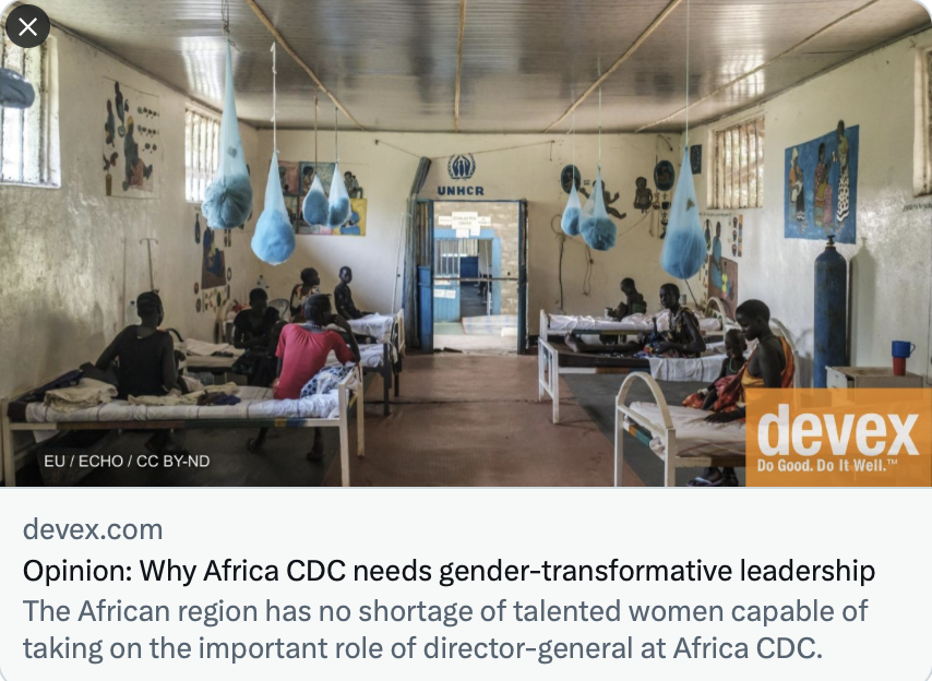 Time for a woman to lead <a href="/AfricaCDC/">Africa CDC</a> ⏲️

If we want to create a more equitable world, we must start by promoting gender-transformative leadership in health. 👩🏾‍⚕️

Powerful op-ed by  <a href="/ToyinSaraki/">Toyin Saraki</a>, <a href="/flavia04/">Flavia Senkubuge</a> &amp; <a href="/JacobsNkwemu/">Choolwe N Jacobs</a> via <a href="/devex/">Devex</a> 
bit.ly/3jXfjwD