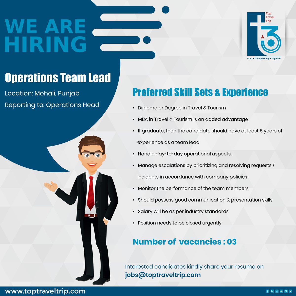 T3 is #Hiring!  
#ApplyNow today for the post of Operations Team Lead at jobs@toptraveltrip.com

#t3 #toptraveltrip #t3team #urgentrequirement #operationteamlead #operations #t3jobs #jobs #travelandtourism #travel #tourism #t3workculture #Mohali #mohalijobs #hiring #mohalinews