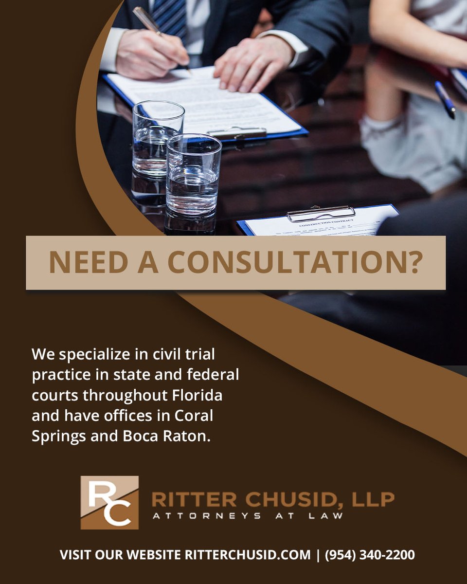 Need a consultation with an experienced attorney? Ritter Chusid, LLP is here to help. Give us a call today for a consultation and get the answers to all your legal questions! #lawfirm #lawyer #lawyerbocaraton #lawyercoralsprings #attorney #lawfirmsouthflorida