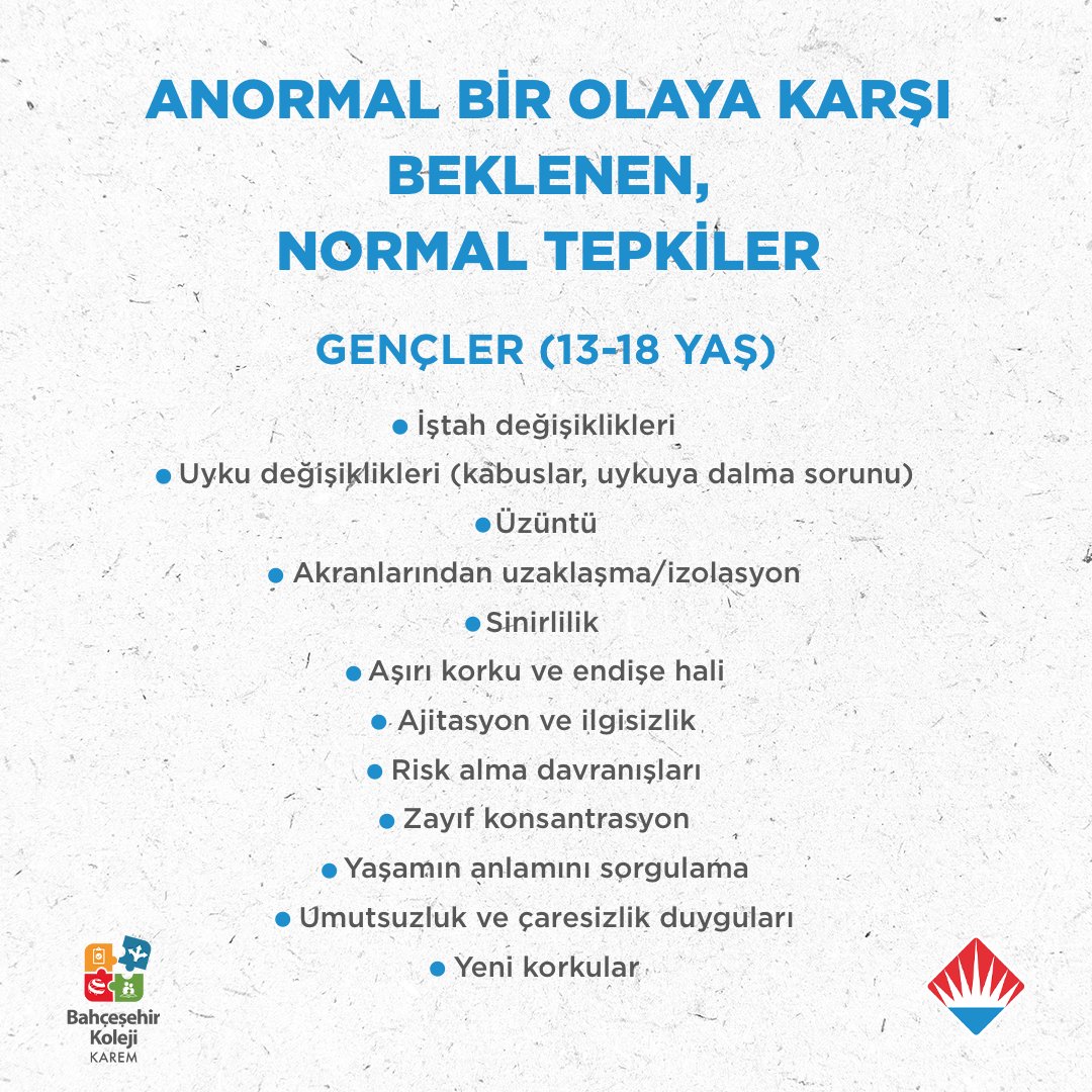 🔹Çocuğumun daha fazla yardıma ihtiyacı var mı?

👉🏻 Depremden sonra yetişkinler gibi çocukların da travmaya verecekleri tepkiler olacaktır. Bu tepkilere,  “ANORMAL BİR OLAYA KARŞI BEKLENEN, NORMAL TEPKİLER” denir.

#BahçeşehirKoleji
#KAREM