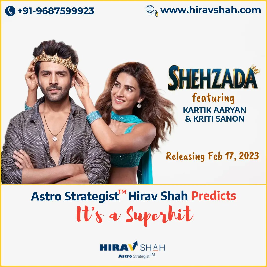 HiravShah's tweet photo. "Shehzada will be Super Hit" - predicts Business Astrologer Hirav Shah 

#shehzada #boxofficepredictions #kartikaaryan #kritisanon

@kartikaaryan @kritisanon

#HiravShah
#AstroStrategist 

#kartikaaryanfans #kritisanonworld  #kritisanonfans #bollywoodastrologer #Bollywood https://t.co/GZvVWC0IBS
