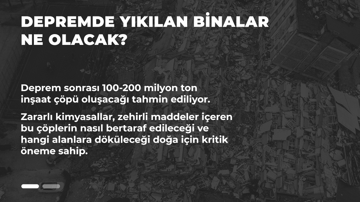 On ili kapsayan büyük bir yıkımla karşı karşıyayız.

Yanlış planlama, denetimsizlik ve imar affı gibi nedenlerle depremin sonuçları çok ağır oldu.
Oluşacak inşaat çöplerine bir de şehirlerde biriken plastik çöpler ve dağıtılamamış yardımlar ekleniyor. ⬇️