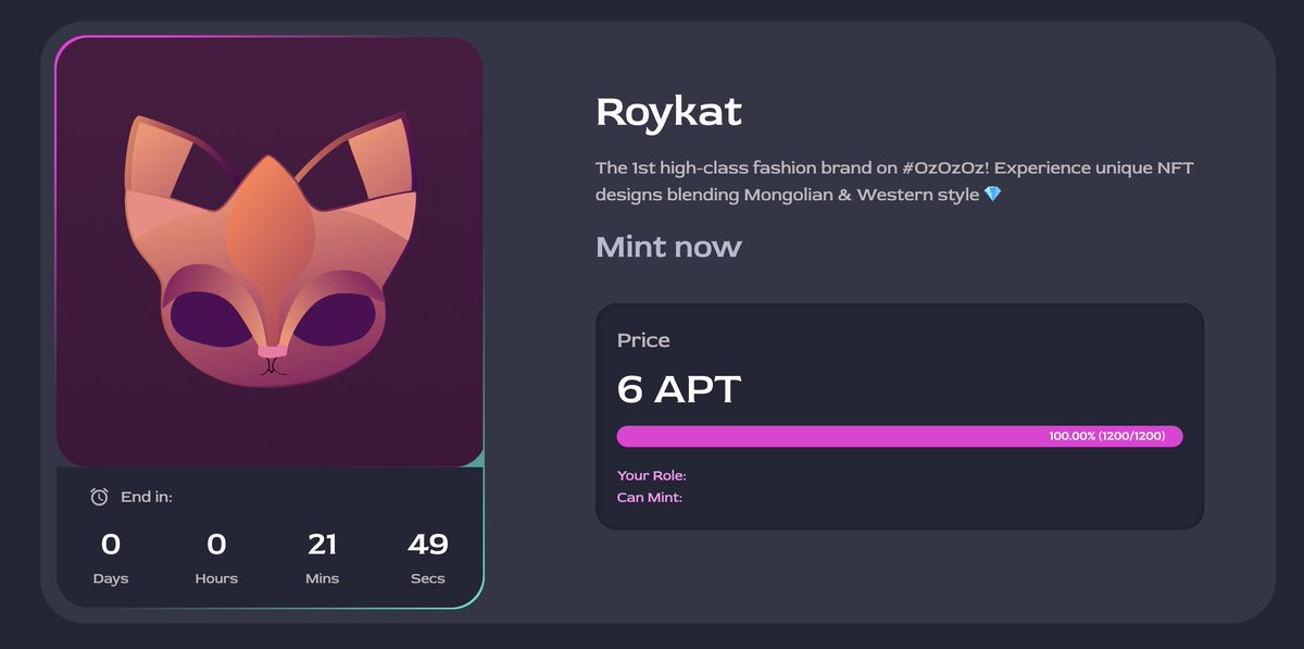 🎉 We did it! Our first round is officially SOLD OUT! 

Thank you to everyone who supported us and believed in our vision. Now let's stake your Royal Cats to earn $OZ tokens!