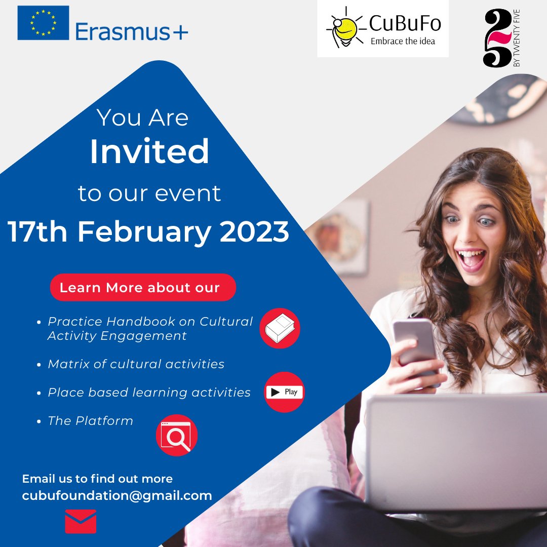 Are you free for our fantastic 25by25 project event? 
📍 Hotel Holiday Inn in Plovdiv, Bulgaria (CuBuFoundation)
⏰ Starts at 2pm
💌 email cubufoundation@gmail.com 

#plovdiv #multiplierevent #youthengagement #erasmus+  #25by25project #culturalexperiences #handbook #PBL #platform