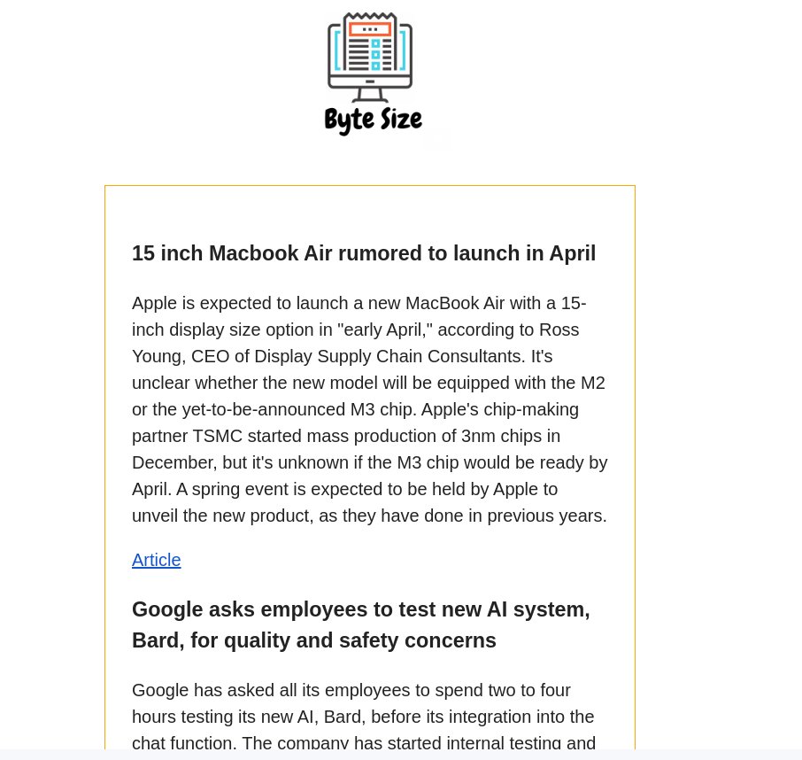 LionCatDev2002's tweet image. Check out ByteSize, the new AI powered tech newsletter! Get the latest tech news in bite-sized pieces delivered straight to your inbox. Just released our 1st issue! #ByteSize #TechNews #AI #Newsletter