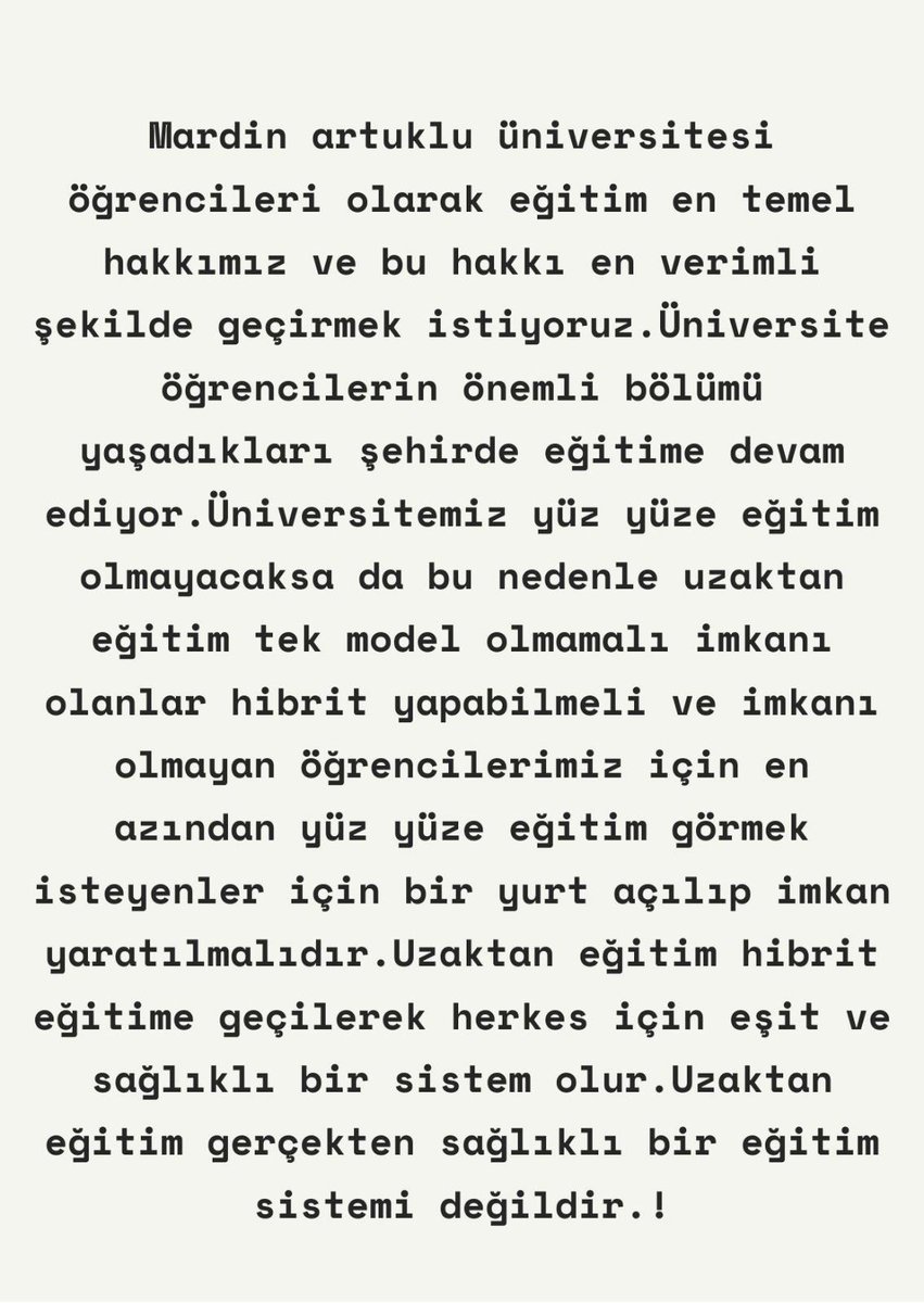 Mardin artuklu üniversitesi öğrencileri olarak eğitim en temel hakkımız!!
#mardinartukluünivertesi #artukluüniversitesi  #artukluyüzyüze  #artukluhibritsistem  #hibritsistem #yüzyüzeeğitim  #uzaktaneğitim
<a href="/ibrahimozcosar/">ibrahim özcoşar</a>  <a href="/YuksekogretimK/">Yükseköğretim Kurulu (YÖK)</a>  <a href="/mardinartuklu/">Mardin Artuklu Üniversitesi</a>