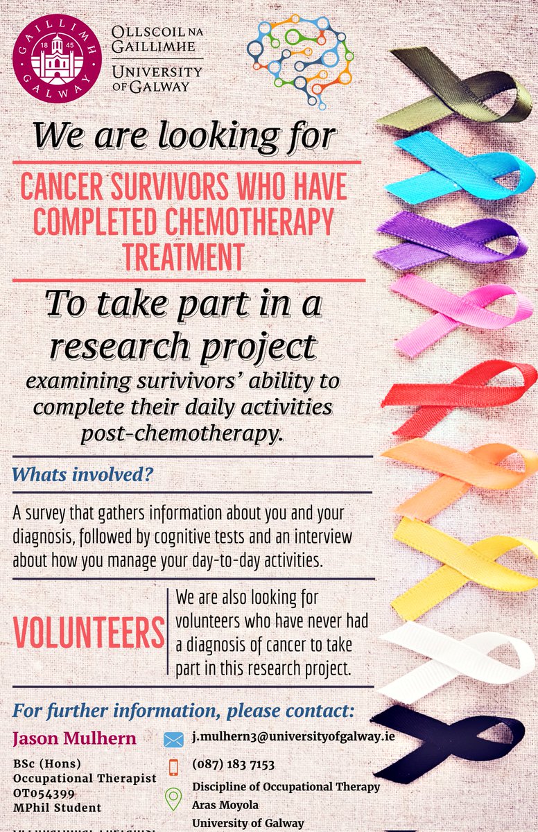 GalwayOT's tweet image. Have you completed #Chemotherapy treatment? MPhil student @JasonMulhern11 is looking for cancer survivors to take part in a research project exploring the impact of cognitive impairment post-chemotherapy on #OccupationalPerformance. Pls RT.  #CancerResearch #CancerSurvivorship