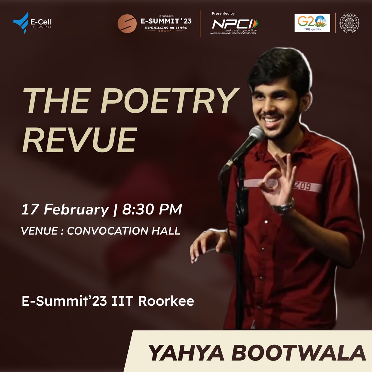ecell_iitr's tweet photo. What makes slam poetry so special? Is it the rawness of the emotion, the power of the message, or the sheer creativity of the words?
Whatever your answer, we guarantee that you'll find something to love at tomorrow's slam poetry session featuring the one and only Yahya Bootwala! https://t.co/5SdFtfeWt1
