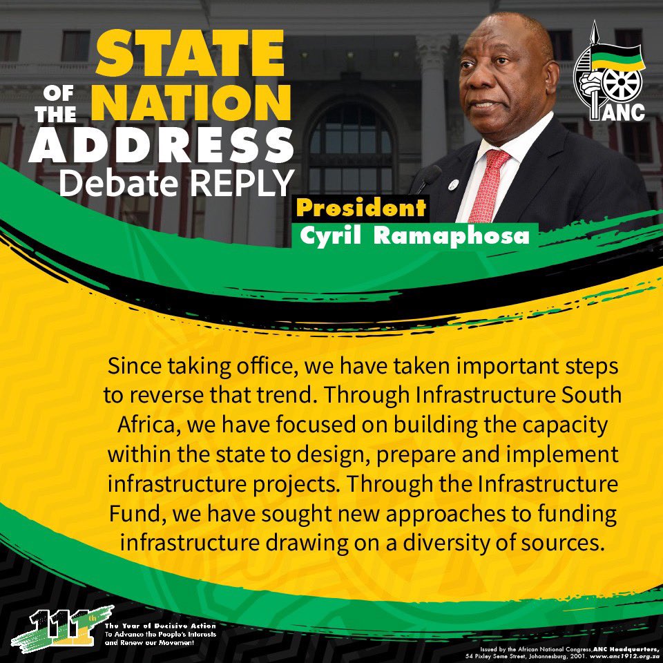 Since taking office, we have taken important steps to reverse that trend. Through Infrastructure South Africa, we have focused on building the capacity within the state to design, prepare and implement infrastructure projects.