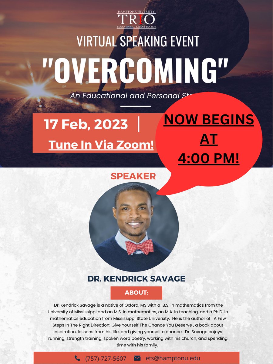 HUTalentSearch's tweet photo. ETS FAMILIES! Our virtual speaking event tomorrow will now start at 4:00 PM! Tune in to hear more about Dr. Savage's incredible story of 'overcoming' and reaching the amazing milestones both academically and occupationally that he has since then. 
#trioworks #hbcu #wearefamily https://t.co/SGgdm6cX9i