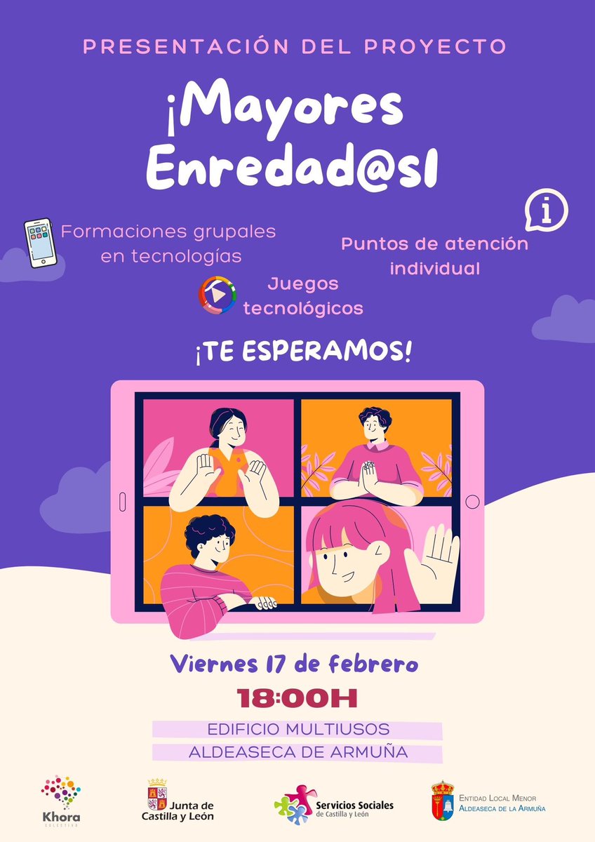 “Mayores Enredad@s: apostando por una educación tecnológica al alcance de todos”.
🧑🏼‍🏫📲Si te apetece aprender sobre las nuevas tecnologías y sacarle todo el partido a tu móvil u ordenador, ¡acércate y te informaremos!
🏫Estaremos este viernes 17 de febrero en el Edificio Multiusos