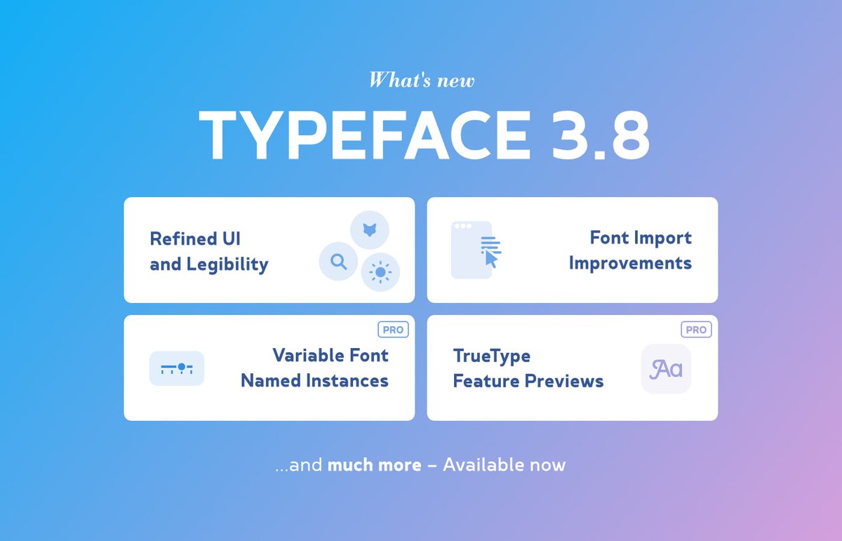 Typeface 3.8 is here 🦊 Preview TrueType font features, view variable named instances and more.

Including a polished UI and various fancy fixes and improvements.

See all what’s new 👉 typefaceapp.com/changelog/type…