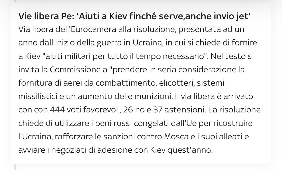 valy_s's tweet photo. Il Parlamento #UE vota una risoluzione per:
-continuare invio di ARMI e aiuti all’#Ucraina
-comprendere negli aiuti anche i CACCIA
-avviare negoziati per adesione dell’#Ucraina alla #UE entro QUEST’ANNO (così paghiamo noi ricostruzione e mantenimento)
444 sì,26 no e 37 astenuti https://t.co/zmWOuxJqfT