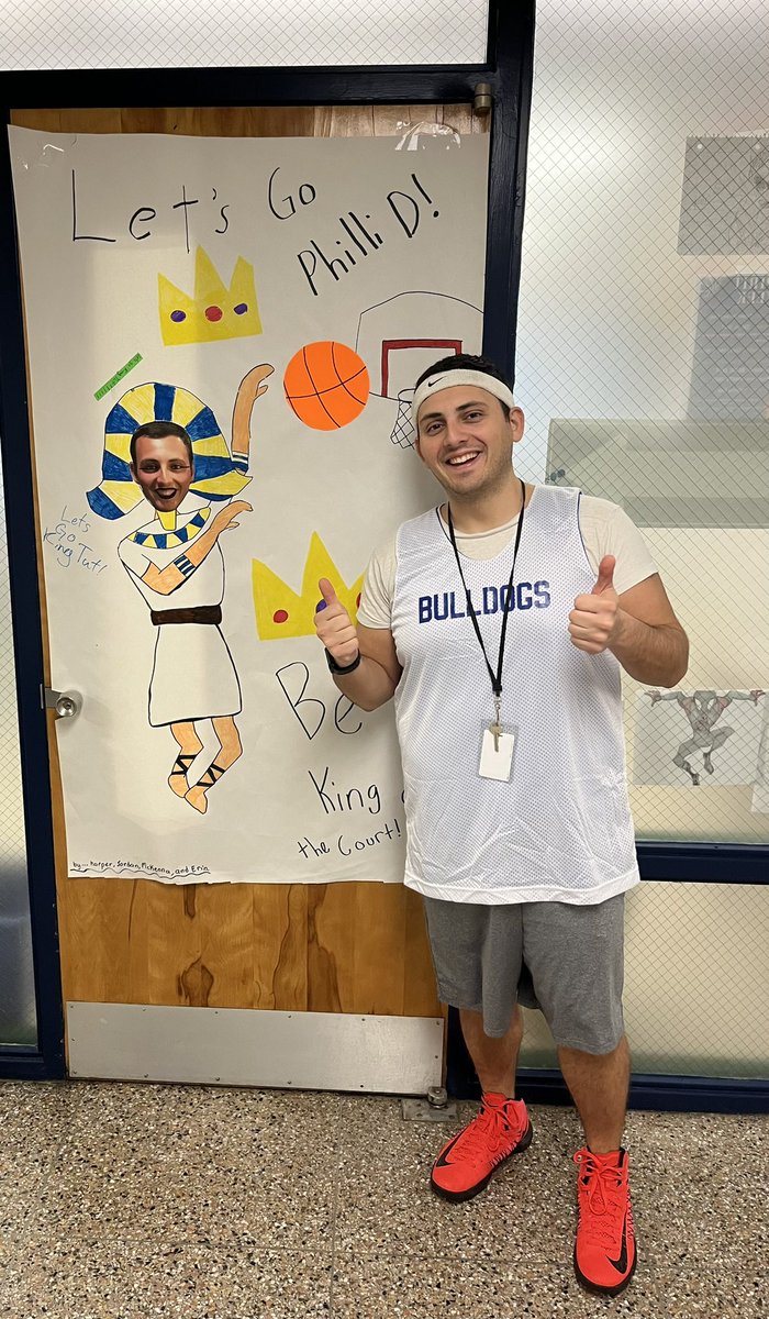 Team1Ems's tweet photo. GAME ON! Mr. DiMichele is ready for the Student vs Teacher Basketball Game after school today! @Thehistoryguru2 @WPSEisenhower @EMSStuco1 #gameon #teamonederful #gobulldogs https://t.co/syvXDfMtJn