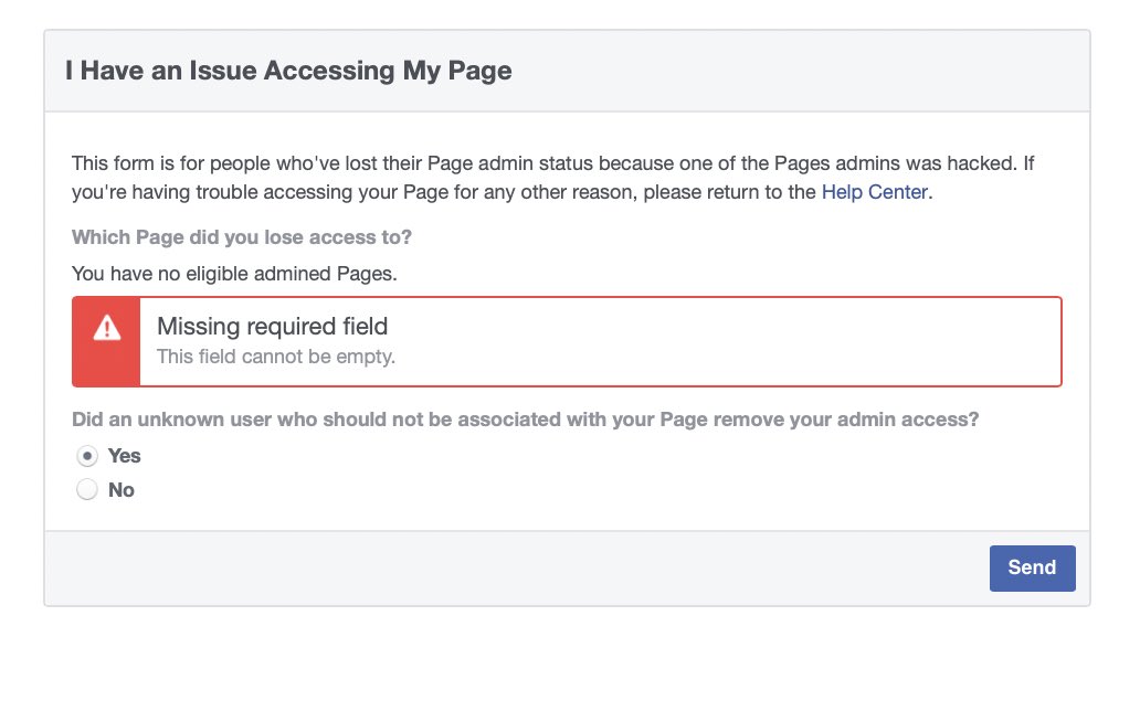 haute_messss's tweet photo. Facebook: This form is for people who lost admin access because their page was hacked… 
Also Facebook: You cannot submit this form because you don’t have admin access to any pages…. #wtf #hackbook #facebook @facebook @Meta https://t.co/SZugVlA7NN