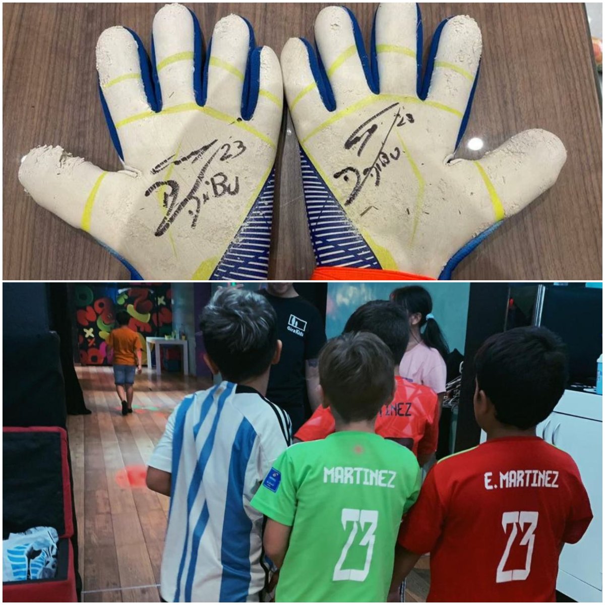 BolavipAr's tweet photo. ❤️@emimartinezz1 subastará sus guantes firmados a beneficio de la sala de oncología del Hospital Garrahan.

 🇶🇦 Son los que usó en el Mundial de Qatar.

Mientras muchos lo ven simplemente como un arquero, Dibu es un HÉROE para todos los pibes de Argentina 🙌 https://t.co/13m43ZzJJQ