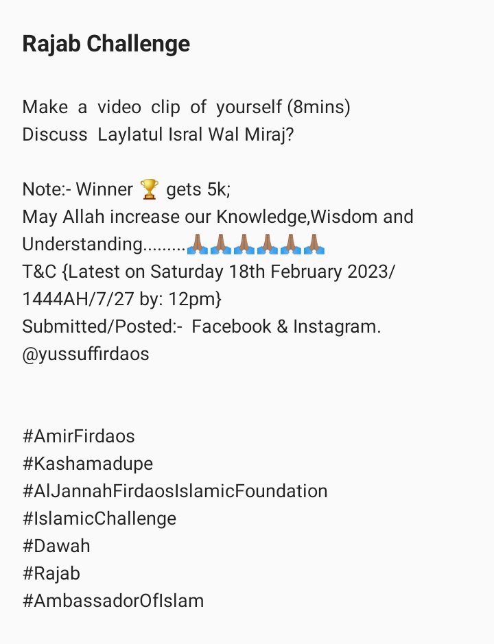 Yussuffirdaos's tweet photo. #AmirFirdaos
#Kashamadupe
#AlJannahFirdaosIslamicFoundatiom
#IslamicChallenge
#Dawah
#Rajab
#AmbassadorOfIslamic
#HadithOfTheDay 
#muslimah 
#muslim_identity 
#MUFC 
#ChallengingStarDarshan https://t.co/zBL0ZRbSdj
