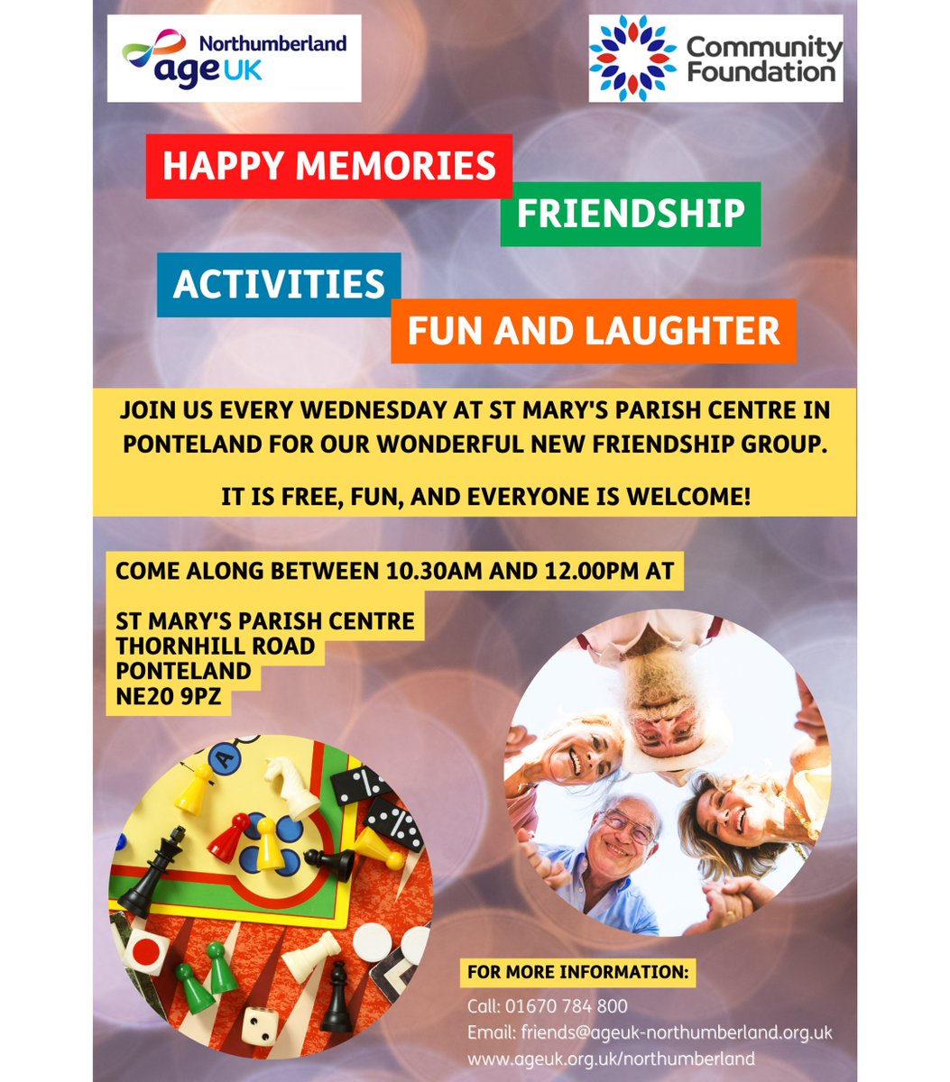 AgeUKNorthumber's tweet photo. Our fab #Ponteland social group has a new time! You can join us from 10.30am to 12.00pm, and it runs every Wednesday at St Mary's Parish Centre, Thornhill Road, Ponteland.

Join us for laughter, activities, friendship and some lovely company. #friendship #ageuk #northumberland https://t.co/qEfDz2kxJk